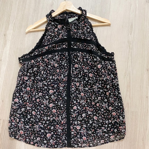 Anthropologie Women's Lace Ruffle High Neck Sleeveless Pink Floral Blouse - Picture 2 of 5